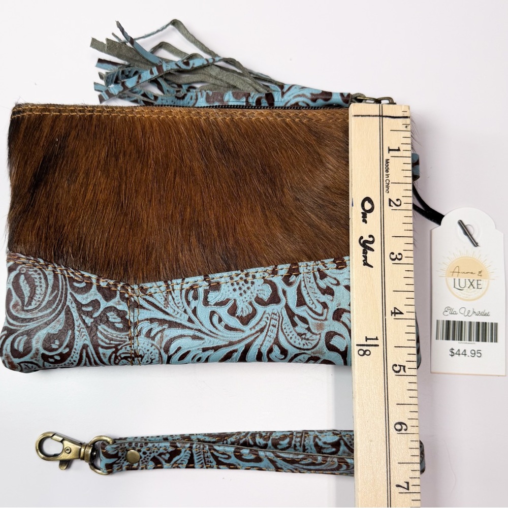 Turquoise Tooled Leather and Brown Hair-on Hide Wristlet Clutch - Picture 4 of 5